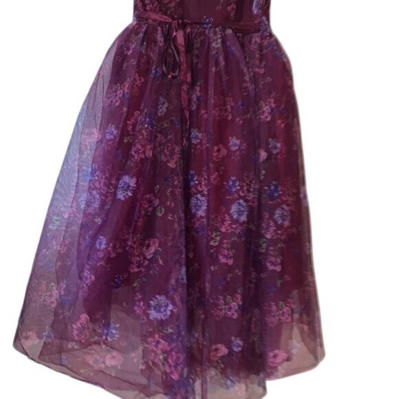Floral Burgundy Girls Dress With Mesh Overlay & Ruffled Accents By Zenzie Size S - Picture 5 of 9